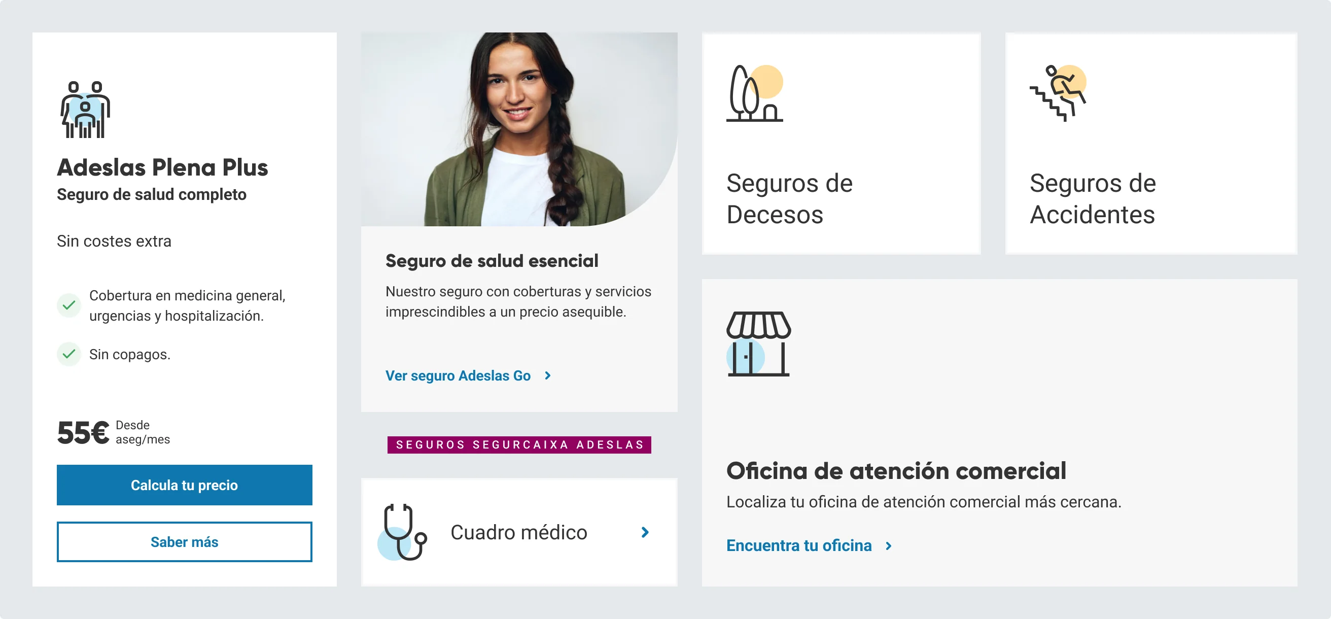 Componentes de la home de Adeslas: tarjeta de producto «Adeslas Plena Plus» con precio y botones, tarjeta de seguro con foto, botones con icono de Decesos y Accidentes, etiqueta «Seguros SegurCaixa Adeslas», enlace «Cuadro médico» y tarjeta «Oficina de atención comercial».