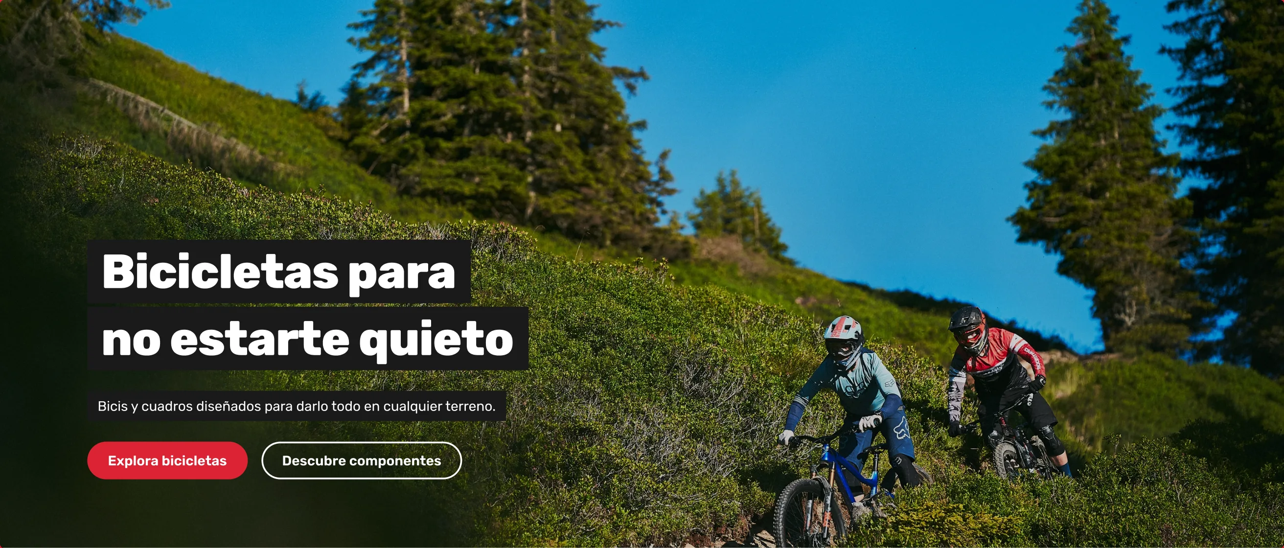 Portada de la nueva web de Restless Bike: dos ciclistas bajando por una ladera de montaña con el titular «Bicicletas para no estarte quieto» y los botones «Explora bicicletas» y «Descubre componentes».
